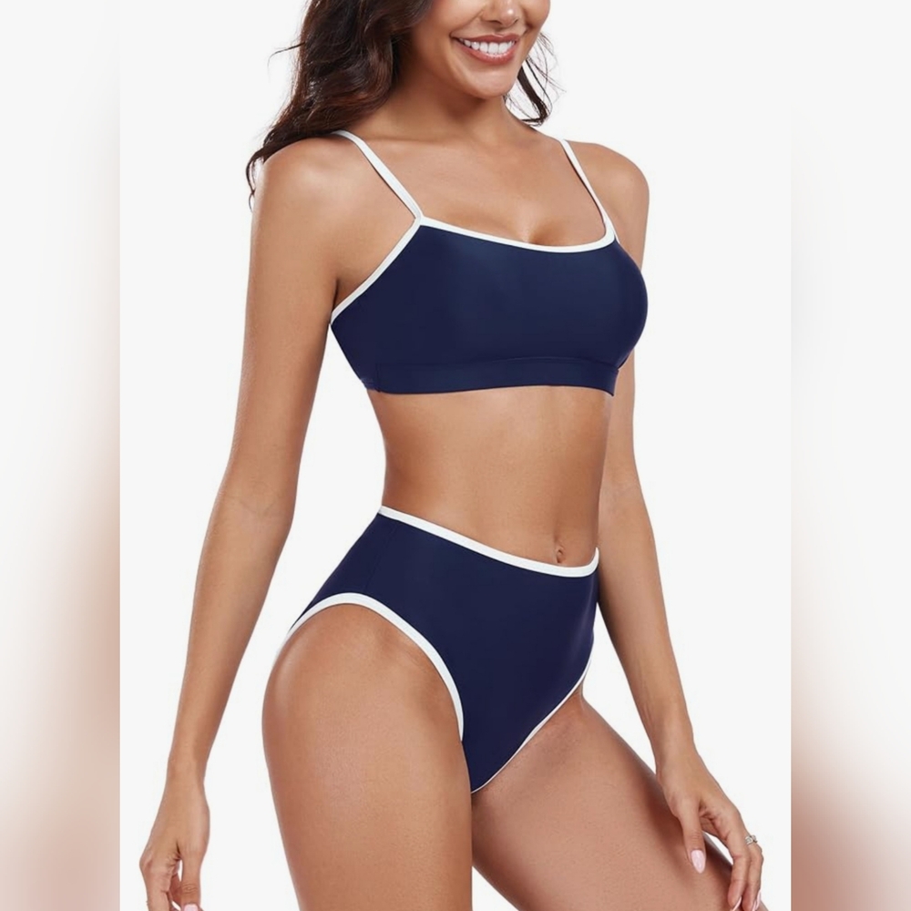 Colloyes BNWT High Waisted Bikini Set Color Block - NAVY/WHITE L
